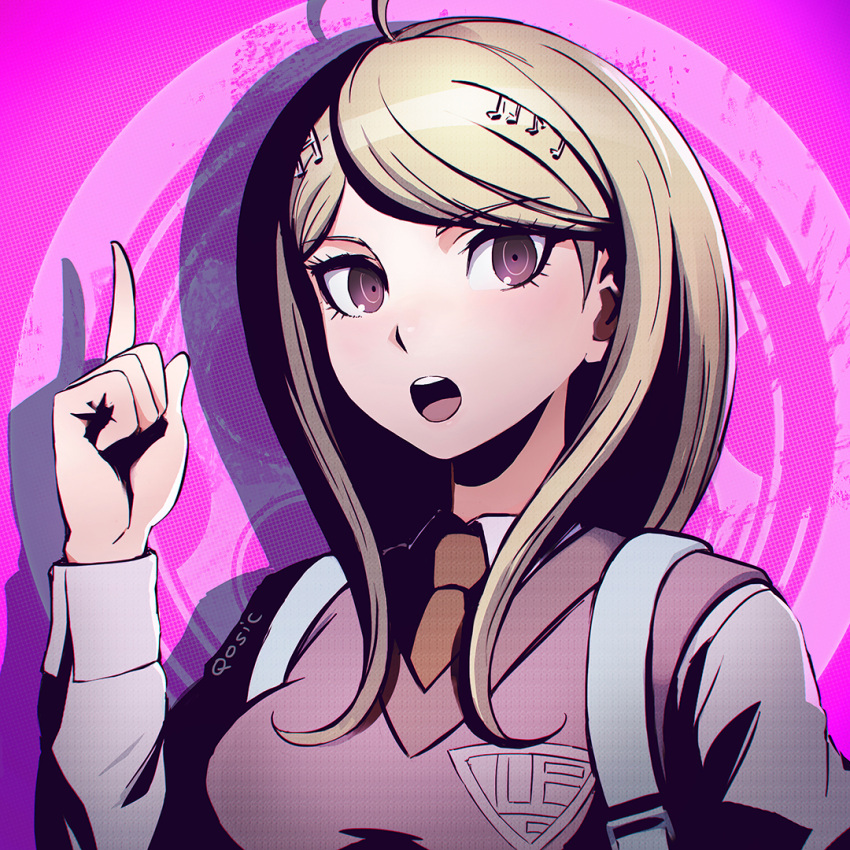 1girl ahoge akamatsu_kaede artist_name blonde_hair dangan_ronpa hair_ornament hairclip index_finger_raised looking_at_viewer necktie new_dangan_ronpa_v3 open_mouth pink_background pink_eyes pointing pointing_up qosic signature solo sweater_vest