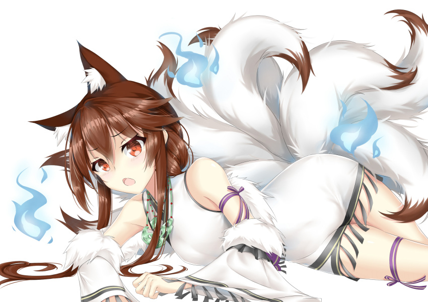 1girl animal_ears blue_fire blush detached_sleeves fire fur_trim girls_frontline hair_between_eyes highres japanese_clothes jewelry long_hair looking_at_viewer lying multiple_tails necklace on_side open_mouth tail type_79_(girls_frontline) wolf_ears xin_(zinc)