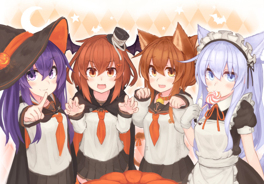 4girls akatsuki_(kantai_collection) alternate_costume anchor_print animal_ears animal_print apron bat_print bell bell_collar black_cape blue_eyes brown_eyes brown_hair cape cat_ears cat_tail collar enmaided eyebrows_visible_through_hair folded_ponytail food_themed_hair_ornament gloves hair_ornament halloween_costume hat hibiki_(kantai_collection) holding_lollipop ikazuchi_(kantai_collection) inazuma_(kantai_collection) kantai_collection long_hair long_sleeves maid maid_apron maid_headdress mini_hat mini_top_hat multiple_girls paw_pose pleated_skirt pumpkin_hair_ornament purple_hair reitou_mikan school_uniform serafuku silver_hair skirt tail top_hat violet_eyes white_gloves witch_hat