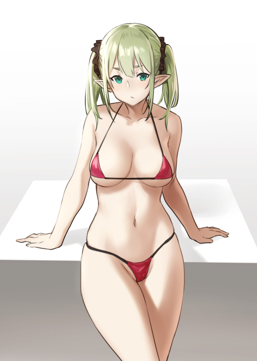 1girl absurdres arm_support bikini breasts closed_mouth collarbone cowboy_shot elf green_eyes green_hair hair_ornament halterneck highres houtengeki large_breasts looking_at_viewer medium_hair navel original pointy_ears red_bikini simple_background solo string_bikini swimsuit twintails