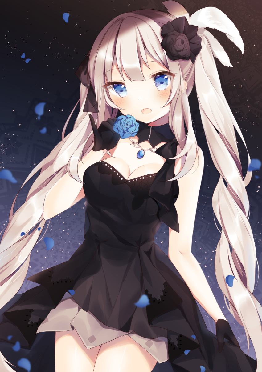 1girl :d absurdres bangs bare_arms bare_shoulders black_dress black_gloves black_rose blue_rose blush breasts cleavage cowboy_shot detached_collar dress eyebrows_visible_through_hair fate/grand_order fate_(series) feathers flower gem gloves hair_feathers hair_flower hair_ornament highres jewelry light_particles looking_at_viewer marie_antoinette_(fate/grand_order) medium_breasts necklace open_mouth pendant petals rose rose_petals shiino_sera silver_hair smile solo standing strapless strapless_dress twintails