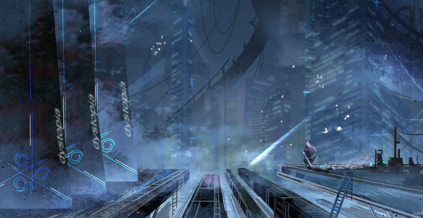 1girl absurdres amatsuki_rei blue building cable cityscape commentary_request dress facing_away from_behind highres holding holding_sword holding_weapon horns long_hair original pink_hair power_lines scenery science_fiction skyscraper solo stairs standing sword weapon