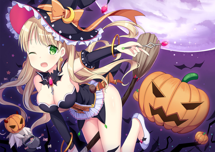 1girl ;d amemiya_ruki bare_shoulders blonde_hair breasts broom broom_riding candy commentary_request corset detached_collar detached_sleeves earrings food full_moon green_eyes halloween hat hat_ribbon highres jack-o'-lantern jewelry large_breasts long_hair looking_at_viewer moon one_eye_closed open_mouth original pumpkin ribbon shoes smile solo star star_earrings wand white_footwear witch_hat