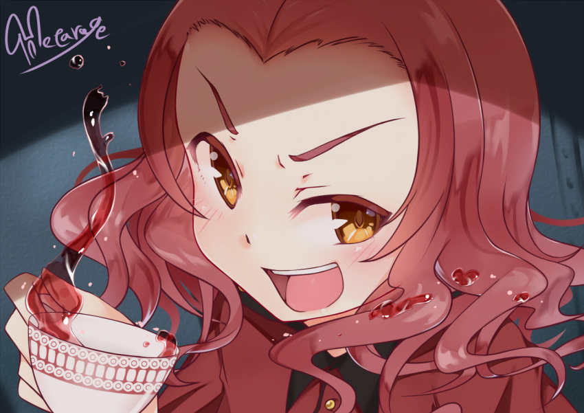 &gt;:d 1girl :d artist_name bangs brown_eyes commentary_request cup epaulettes girls_und_panzer hetareeji holding jacket long_sleeves looking_at_viewer military military_uniform open_mouth parted_bangs portrait red_jacket redhead rosehip short_hair signature smile solo spilling st._gloriana's_military_uniform tank_interior tea teacup uniform