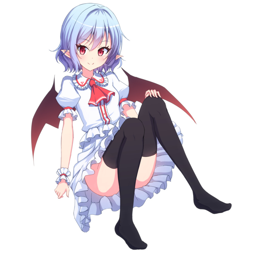 1girl bangs blouse blue_hair blush c: closed_mouth eyebrows_visible_through_hair frills hand_on_own_knee junior27016 knees_up looking_at_viewer pointy_ears remilia_scarlet short_hair short_sleeves simple_background sitting skirt smile solo thigh-highs touhou violet_eyes wavy_hair white_background white_blouse white_skirt
