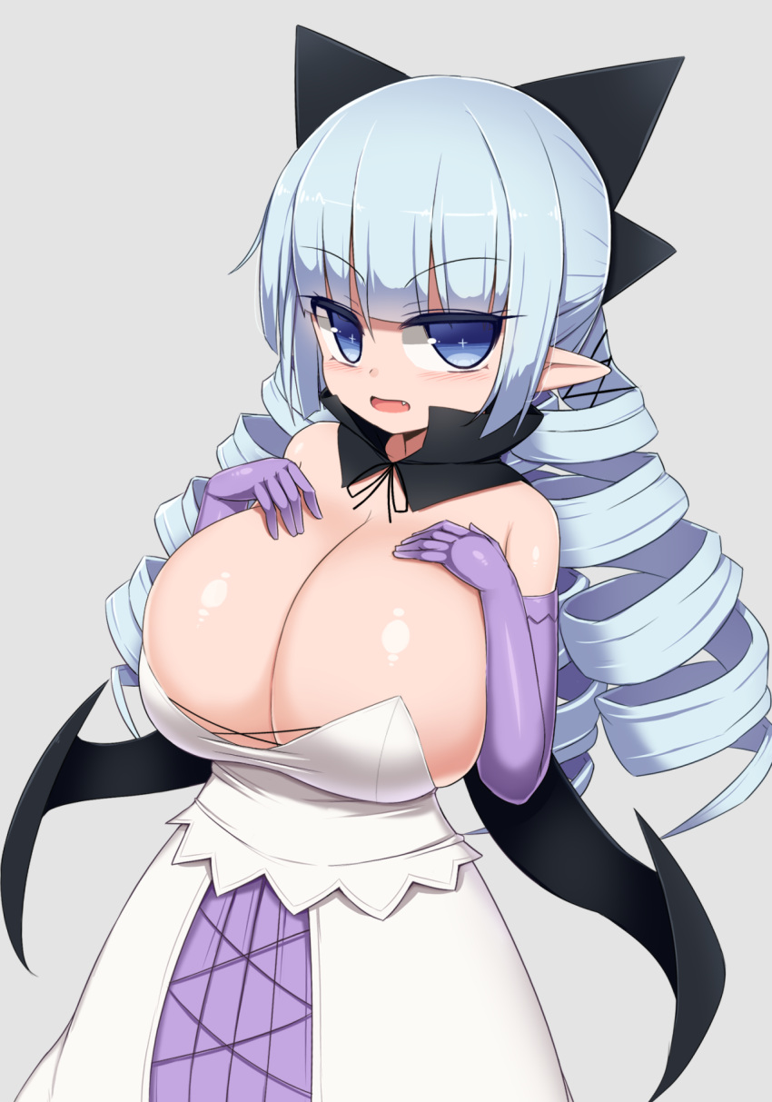 1girl blue_eyes blue_hair borrowed_character bow breast_suppress breasts cleavage dress drill_hair elbow_gloves fang gloves hair_bow highres huge_breasts open_mouth original sawati solo twin_drills twintails uni_(alexi)