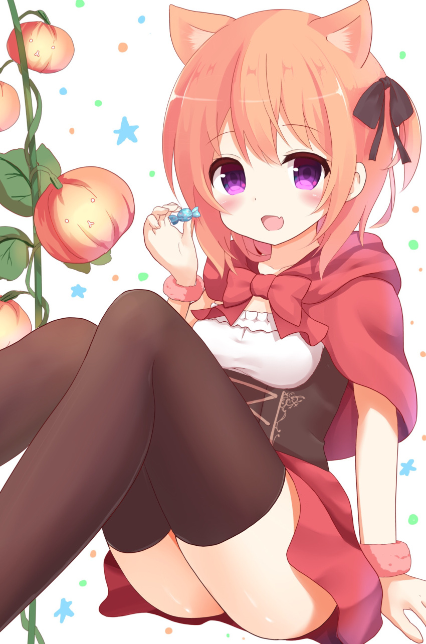 1girl :d absurdres animal_ears bangs black_legwear blush breasts candy collarbone commentary_request corset eyebrows_visible_through_hair fang food gochuumon_wa_usagi_desu_ka? hanakoizumi_yoruno highres holding holding_candy hooded_capelet hoto_cocoa kemonomimi_mode legs_together looking_at_viewer one_side_up open_mouth pink_scrunchie plant polka_dot polka_dot_background pumpkin red_capelet red_skirt scrunchie shirt short_hair sitting skirt small_breasts smile solo star strapless thigh-highs thighs tubetop upskirt vines violet_eyes white_background white_shirt wolf_ears wrist_scrunchie