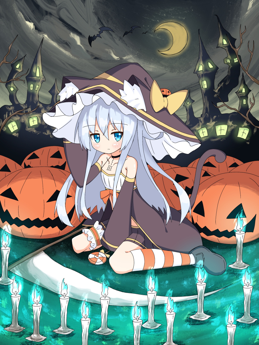 absurdres alternate_costume bare_shoulders bat between_legs blush candle candlelight candy choker collarbone crescent_moon elbow_sleeve expressionless eyebrows_visible_through_hair eyes_visible_through_hair food garters hair_between_eyes halloween halloween_costume hand_between_legs hand_on_headwear hat hibiki_(kantai_collection) highres ichi jack-o'-lantern kantai_collection lollipop long_hair moon pumpkin scythe sidelocks sitting striped striped_legwear wariza white_hair witch_hat