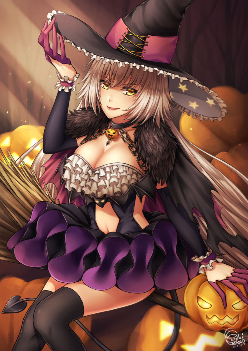 1girl alternate_costume arm_garter bambi_nano blonde_hair breasts broom broom_riding cleavage collar demon_tail fate/grand_order fate_(series) frilled_skirt frills fur_trim halloween halloween_costume hat highres jack-o'-lantern jeanne_alter large_breasts looking_at_viewer pumpkin ruler_(fate/apocrypha) skirt smirk solo tail thigh-highs witch witch_hat yellow_eyes