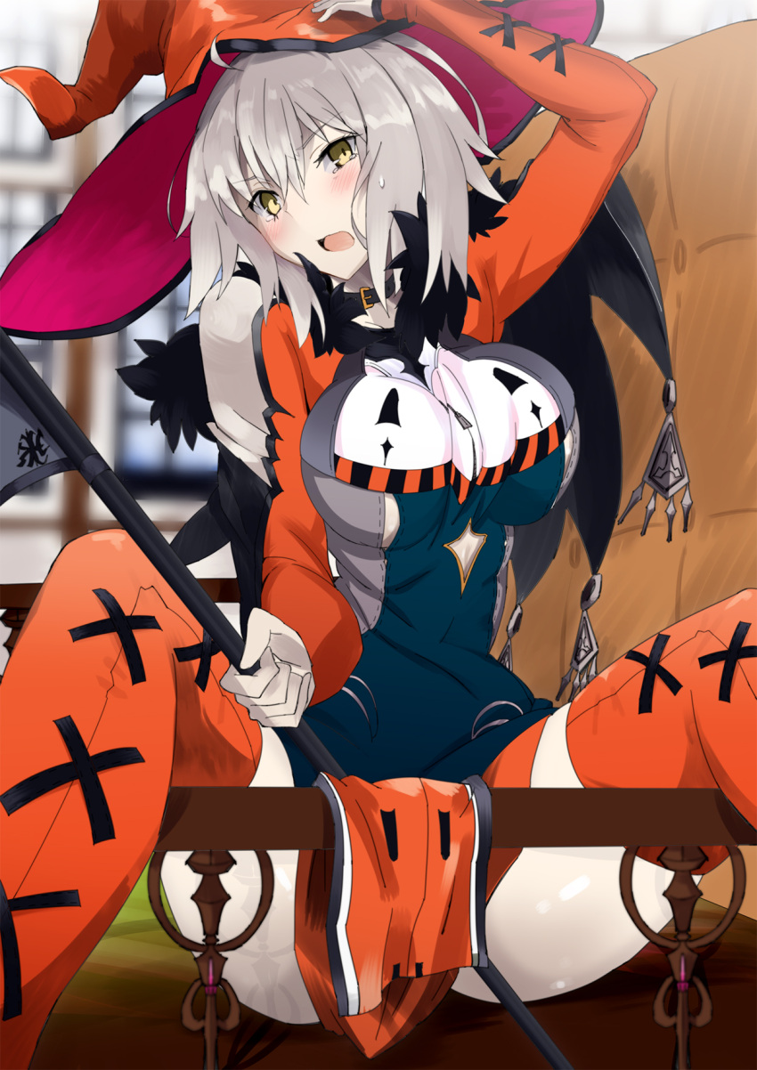 1girl ahoge blurry blurry_background blush bob_cut boots breasts choker commentary_request cross-laced_footwear eyebrows_visible_through_hair fate_(series) halloween halloween_costume hat head_tilt highres holding jeanne_alter long_sleeves looking_at_viewer open_mouth orange_footwear outdoors pelvic_curtain railing ruler_(fate/apocrypha) short_hair sitting spread_legs sweatdrop thigh-highs thigh_boots thighs vane white_hair witch_hat yellow_eyes