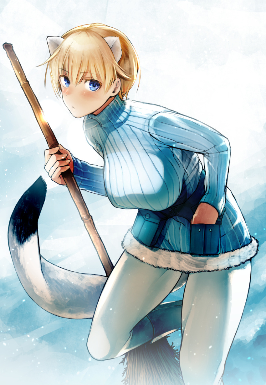1girl animal_ears belt blonde_hair blue_eyes blue_footwear blue_sweater blush boots brave_witches breasts broom closed_mouth hand_in_pocket highres holding holding_broom large_breasts leaning leg_up looking_at_viewer nikka_edvardine_katajainen nishiide_kengorou pantyhose ribbed_sweater short_hair snow solo standing standing_on_one_leg sweater tail utility_belt weasel_ears weasel_tail white_legwear world_witches_series