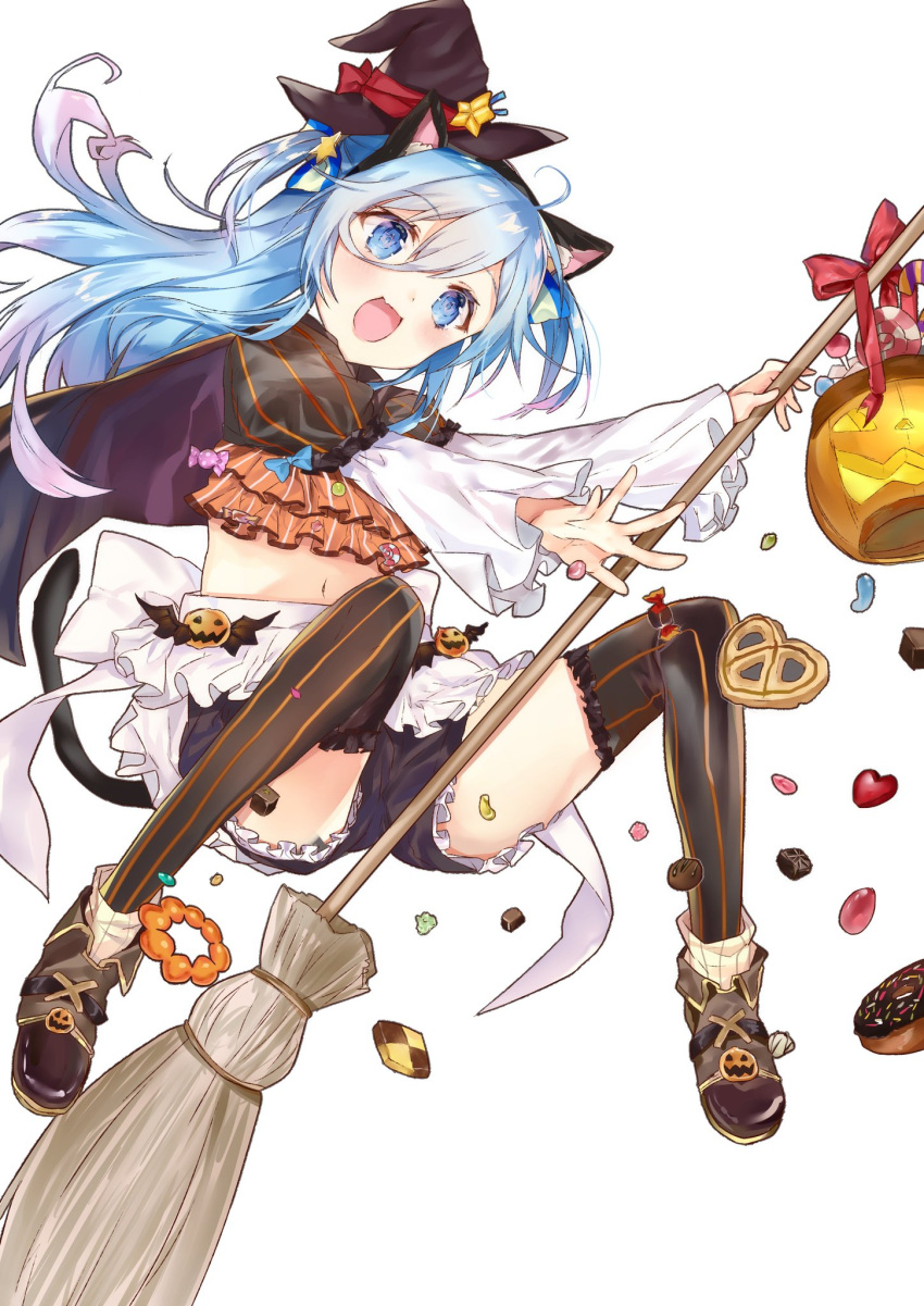 1girl :d animal_ears ankle_boots apron black_cape black_hairband black_hat black_legwear black_shorts blue_eyes blue_hair boots bow broom broom_riding brown_footwear candy cape cat_ears commentary_request crop_top doughnut fake_animal_ears fang food frilled_apron frilled_legwear frilled_shorts frills full_body hair_ribbon hairband halloween_basket hat hat_ribbon head_tilt heart hexagram highres holding holding_broom jack-o'-lantern layered_sleeves lollipop long_hair long_sleeves looking_at_viewer loose_socks mini_hat mini_witch_hat nanakagura open_mouth original pon_de_ring pretzel puffy_short_sleeves puffy_sleeves red_bow red_ribbon ribbon short_over_long_sleeves short_shorts short_sleeves shorts simple_background smile socks socks_over_pantyhose solo star swirl_lollipop symbol-shaped_pupils thigh-highs two_side_up very_long_hair waist_apron white_apron white_background wide_sleeves witch_hat