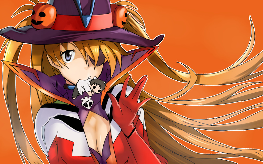 1girl absurdres breasts brown_hair cleavage doll evangelion:_3.0_you_can_(not)_redo eyebrows_visible_through_hair eyepatch halloween hat high_collar highres long_hair neon_genesis_evangelion rebuild_of_evangelion simple_background solo souryuu_asuka_langley sugi_koutarou witch_hat
