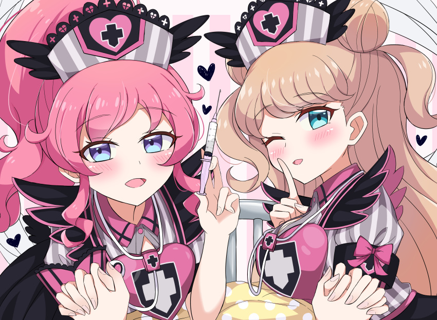 3girls :d ;d absurdres bed black_skirt blue_eyes blush bow_shirt breasts cleavage_cutout clothing_cutout cross double_bun eyebrows_visible_through_hair female_pov finger_to_mouth half-closed_eyes hat heart high_ponytail highres holding holding_hands holding_syringe interlocked_fingers kanamori_maria kiratto_pri_chan large_breasts light_brown_hair long_hair meiji_(meizi493) momoyama_mirai multicolored_shirt multiple_girls naughty_face nurse nurse_cap one_eye_closed open_mouth pink_hair pov pov_hands pretty_(series) puffy_short_sleeves puffy_sleeves shirt short_sleeves shushing skirt smile spoken_heart stethoscope striped striped_shirt striped_wall syringe two_side_up violet_eyes yuri