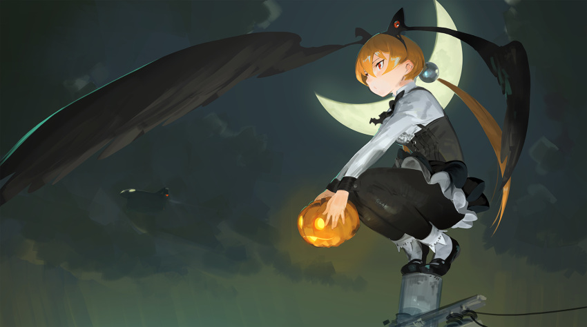 1girl alisa_southerncross blonde_hair crescent_moon dark hair_bobbles hair_ornament head_wings highres jack-o'-lantern keroro_gunsou long_hair moon night power_lines solo squatting telephone_pole tommy830219 twintails