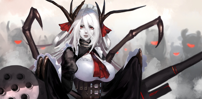 1girl antennae black_dress breasts claws cleavage_cutout commentary_request cravat dress extra_arms gatling_gun gun hair_between_eyes hair_ornament highres insect_girl kinketsu large_breasts long_hair long_sleeves looking_at_viewer maid maid_headdress monster_girl parted_lips red_eyes red_neckwear sleeves_past_wrists solo_focus spider_girl traditional_media watercolor_(medium) weapon white_hair white_skin