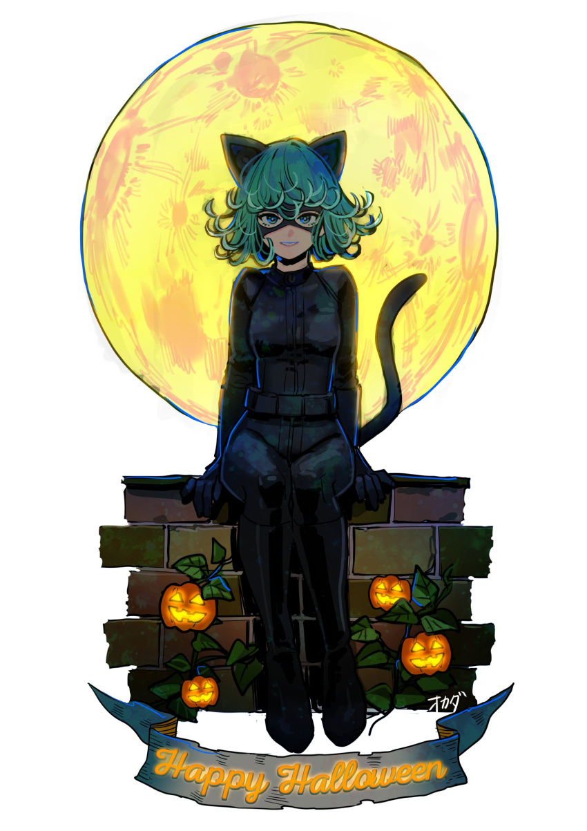 1girl absurdres animal_ears artist_name belt blue_eyes breasts cat_ears cat_tail catwoman catwoman_(cosplay) cosplay costume curly_hair dc_comics full_body full_moon green_hair halloween happy_halloween highres jack-o'-lantern leotard looking_at_viewer mask moon okada_(hoooojicha) one-punch_man short_hair sitting small_breasts smile solo tail tatsumaki white_background