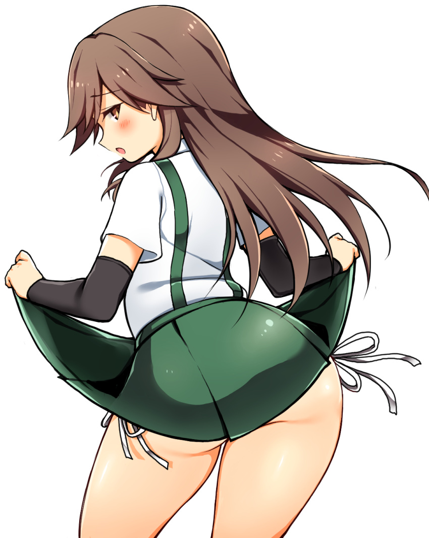 1girl arashio_(kantai_collection) arm_warmers ass blush brown_eyes embarrassed highres kantai_collection lifted_by_self long_hair looking_at_viewer looking_back open_mouth panties pleated_skirt richou_(zerozero1101) school_uniform shirt short_sleeves side-tie_panties skirt skirt_lift solo suspenders underwear white_background white_shirt