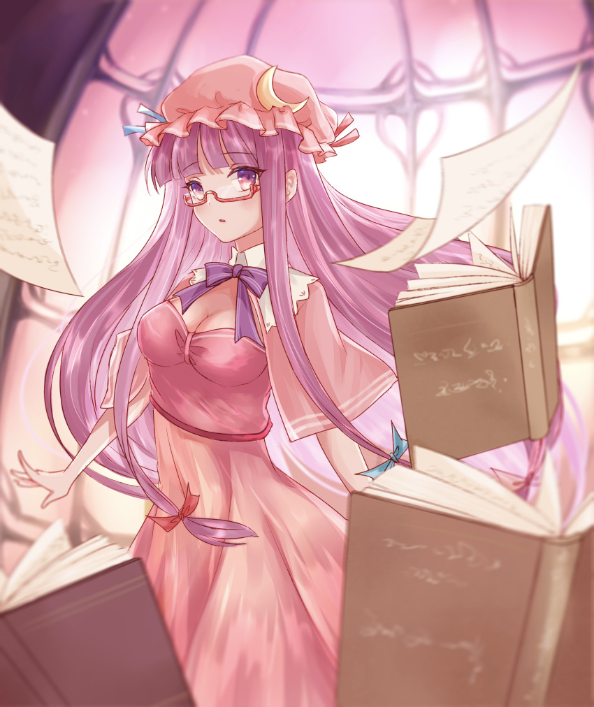 1girl absurdres bangs bespectacled blunt_bangs book bow breasts capelet cleavage crescent crescent_hair_ornament dress glasses hair_bow hair_ornament hat highres juunanaban long_hair looking_at_viewer mob_cap pages parted_lips patchouli_knowledge purple_hair solo touhou violet_eyes