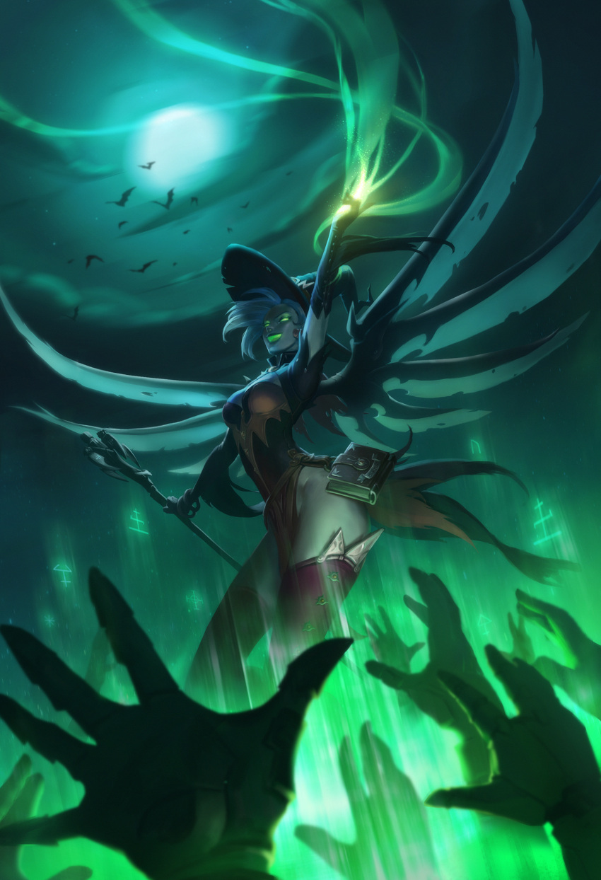 1girl alternate_costume aura bat blonde_hair book gloves glowing glowing_eyes glowing_hand glowing_mouth hat highres mechanical_wings mercy_(overwatch) moon night night_sky overwatch pelvic_curtain resurreccion rokiwitch sky solo_focus staff symbol thigh-highs wings witch witch_hat witch_mercy