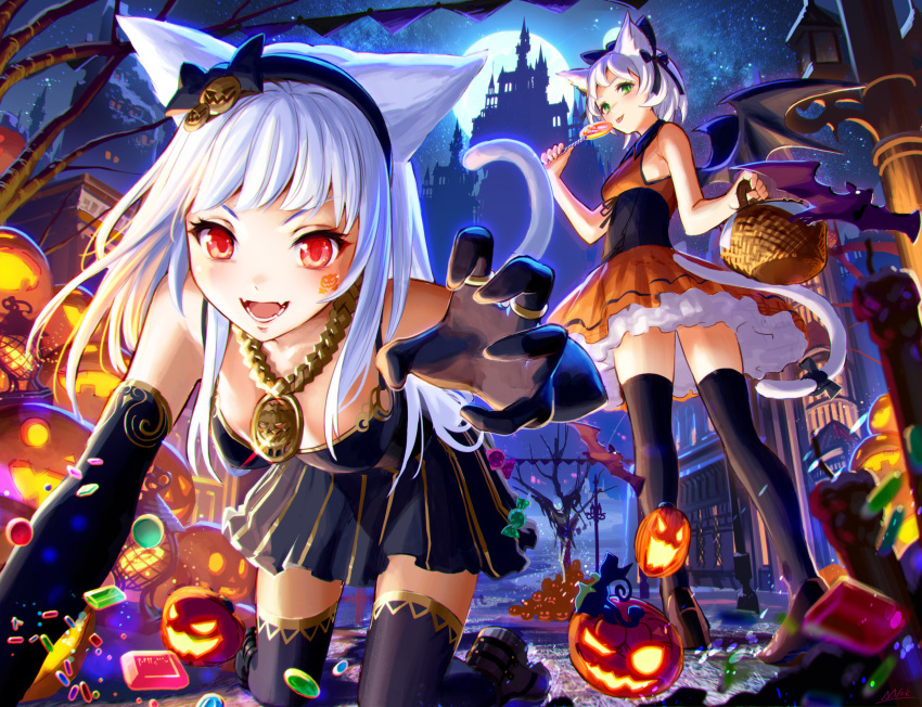 2girls all_fours animal_ears bat bow candy cat_ears cat_tail elbow_gloves facial_mark fang food full_moon gloves green_eyes hair_bow halloween highres jack-o'-lantern jewelry lollipop long_hair looking_at_viewer moon multiple_girls necklace night open_mouth original red_eyes ring sachimaa short_hair sleeveless tail thigh-highs white_hair