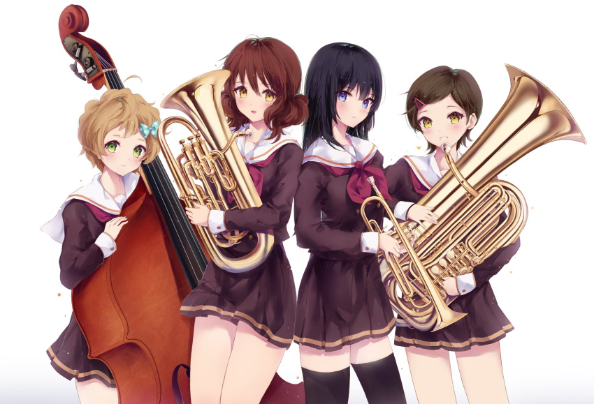 4girls ahoge bangs black_hair black_legwear blonde_hair blush bow brown_hair brown_skirt cowboy_shot double_bass euphonium eyebrows_visible_through_hair green_eyes grin hair_bow hair_ornament hairclip heart hibike!_euphonium highres holding instrument katou_hazuki kawashima_sapphire kousaka_reina long_hair looking_at_viewer multiple_girls neckerchief oumae_kumiko parted_lips pleated_skirt polka_dot polka_dot_bow red_neckwear short_hair simple_background skirt smile standing swept_bangs tareme thigh-highs thighs tr_(hareru) trumpet violet_eyes white_background yellow_eyes zettai_ryouiki