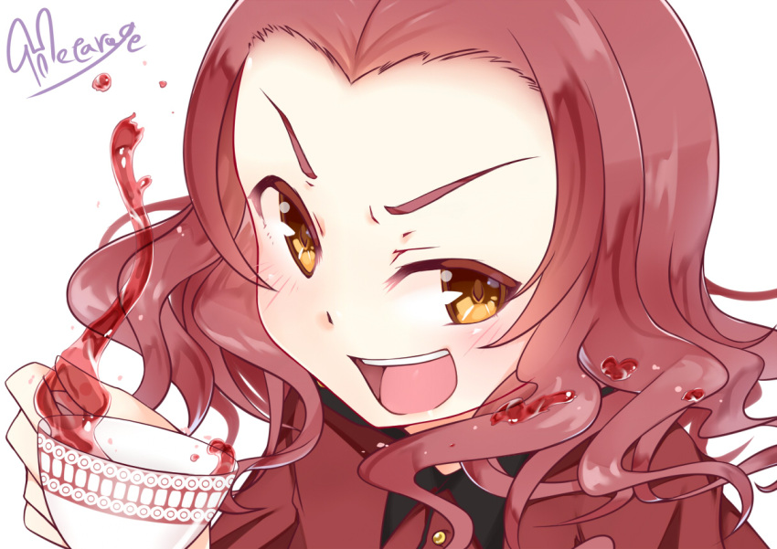 &gt;:d 1girl :d artist_name bangs brown_eyes commentary_request cup epaulettes girls_und_panzer hetareeji holding jacket long_sleeves looking_at_viewer military military_uniform open_mouth parted_bangs portrait red_jacket redhead rosehip short_hair signature simple_background smile solo spilling st._gloriana's_military_uniform tea teacup uniform white_background