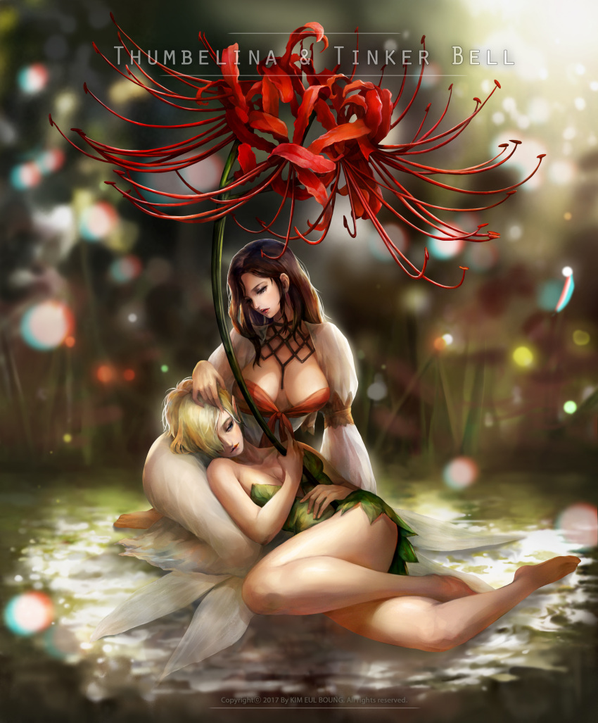 2girls absurdres blonde_hair breasts brown_hair cleavage crossover fairy fairy_wings hair_over_one_eye hand_on_another's_head highres kim_eul_bong lying minigirl multiple_girls on_side peter_pan_(disney) shawl thumbelina thumbelina_(character) tinker_bell_(disney) wings yuri