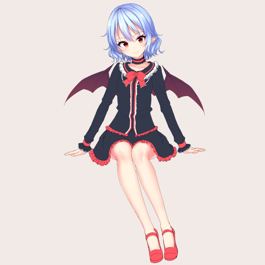 1girl absurdres arm_garter bat_wings black_shirt blue_hair bow bowtie choker frilled_choker frilled_shirt_collar frilled_skirt frilled_sleeves frills full_body hair_between_eyes highres junior27016 lavender_background long_sleeves looking_at_viewer mary_janes no_socks pointy_ears red_bow red_eyes red_footwear red_neckwear remilia_scarlet shirt shoes short_hair simple_background sitting skirt smile solo touhou wings
