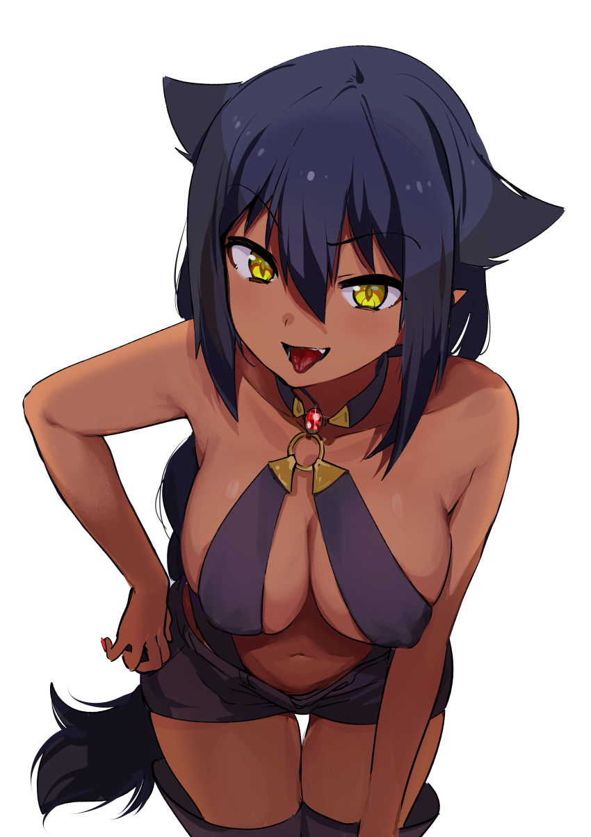 1girl absurdres bare_shoulders black_hair breasts collarbone commentary_request dark_skin erect_nipples eyebrows_visible_through_hair fang gem hair_between_eyes hand_on_hip hand_on_own_knee highres konbu_wakame leaning_forward long_hair looking_at_viewer medium_breasts navel o-ring_top open_mouth red_eyes shorts simple_background solo tongue tongue_out white_background yumemiru_prima_girl