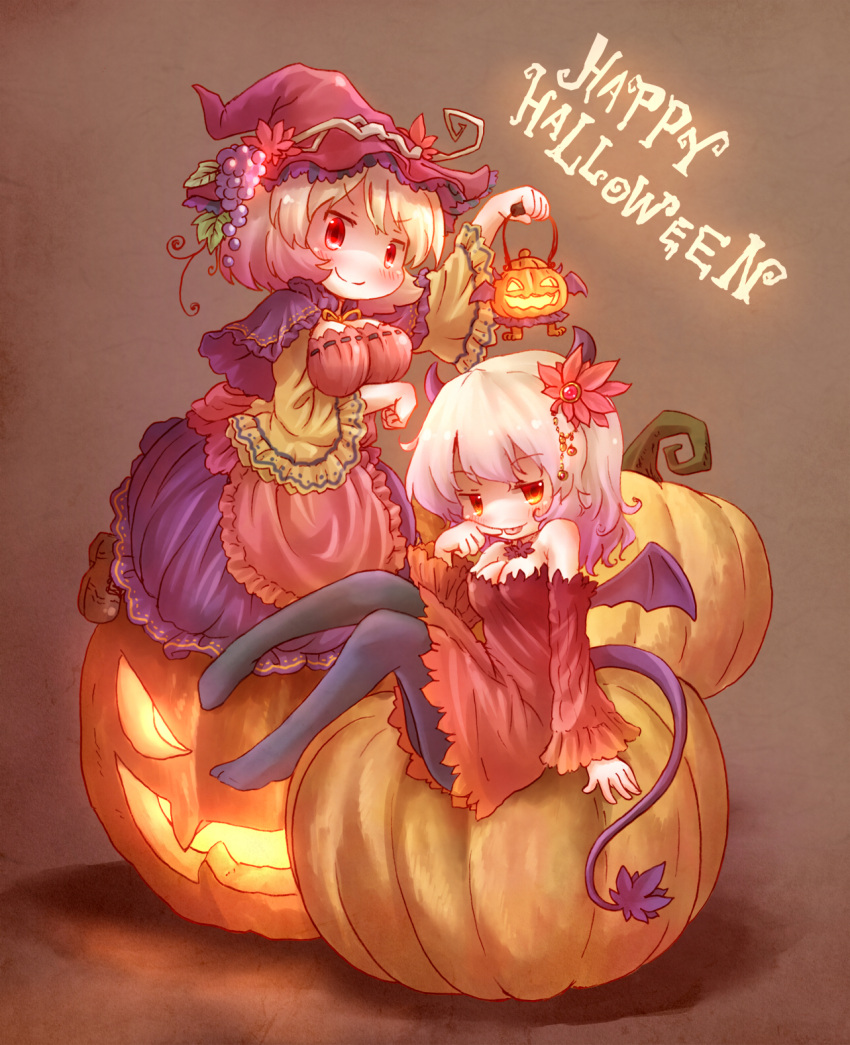 2girls aki_minoriko aki_shizuha apron arinu black_legwear blonde_hair breast_hold breasts brown_footwear capelet cleavage closed_mouth commentary_request demon_tail demon_wings fake_horns food fruit gradient_hair grapes graphite_(medium) happy_halloween hat highres jack-o'-lantern lantern large_breasts looking_at_viewer medium_breasts multicolored_hair multiple_girls pantyhose pink_hat pumpkin purple_hair purple_skirt red_eyes shoes siblings sisters sitting skirt smile tail tongue tongue_out touhou traditional_media wings witch_hat yellow_eyes