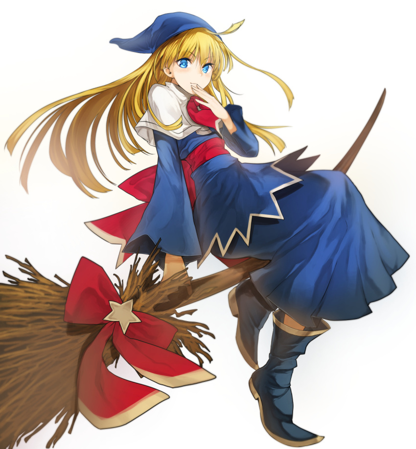 1girl ascot bangs blonde_hair blue_dress blue_eyes blue_footwear blue_hat boots broom broom_riding capelet closed_mouth commentary dress eyebrows_visible_through_hair full_body hand_to_own_mouth hat highres light_smile long_dress long_hair long_sleeves looking_at_viewer madou_monogatari nishiide_kengorou puyopuyo red_neckwear sash sitting wide_sleeves witch witch_(puyopuyo)