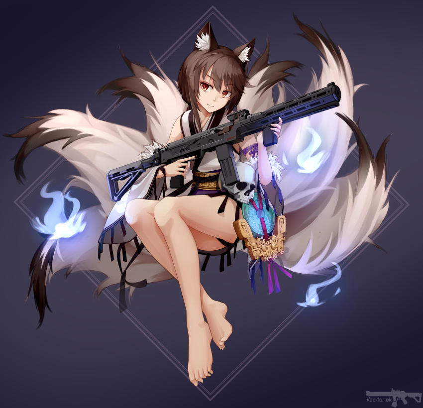 1girl absurdres animal_ears barefoot blue_fire brown_eyes brown_hair detached_sleeves fire full_body girls_frontline gun highres japanese_clothes magpule multiple_tails skull smg smile submachine_gun tail type_79_(girls_frontline) type_79_smg vectorek weapon wolf_ears wolf_tail