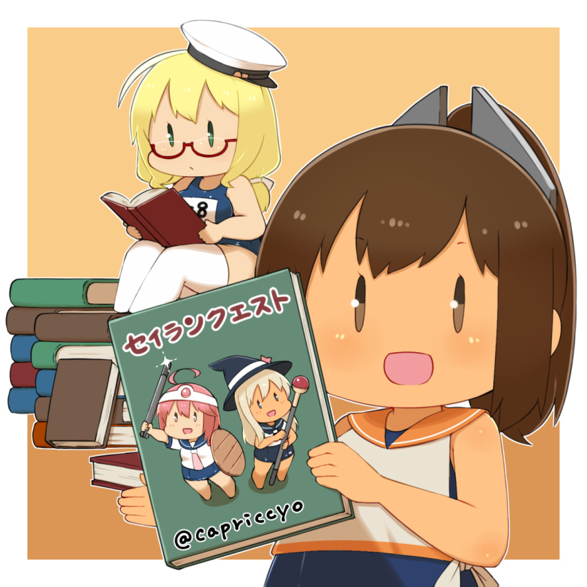 2girls blonde_hair book brown_eyes brown_hair capriccyo chibi cowboy_shot dragon_quest glasses green_eyes hair_ornament hairclip hat highres i-401_(kantai_collection) i-58_(kantai_collection) i-8_(kantai_collection) kantai_collection looking_at_viewer low_twintails multiple_girls name_tag one-piece_tan open_mouth orange_sailor_collar peaked_cap ponytail reading red-framed_eyewear ro-500_(kantai_collection) sailor_collar school_swimsuit short_ponytail smile swimsuit swimsuit_under_clothes tan tanline thigh-highs twintails twitter_username white_legwear |_|