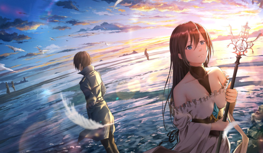 1boy 1girl androgynous bangs blue_eyes blue_sky blush breasts brown_hair choker cleavage cloak closed_mouth clouds dress eyebrows_visible_through_hair feathers frozen_lake hands_in_sleeves highres holding holding_staff ice k_ryo lake lens_flare long_hair looking_away medium_breasts mountain original short_hair sky staff very_long_hair water white_dress