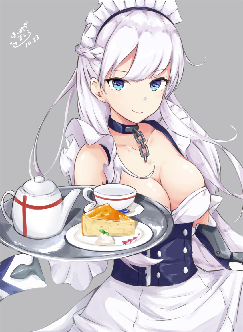1girl azur_lane bangs bare_shoulders belfast_(azur_lane) braid breasts cake chains choker cleavage collarbone commentary_request cup erect_nipples eyebrows_visible_through_hair food french_braid gauntlets grey_background highres hoshimiya_mashiro large_breasts long_hair looking_at_viewer maid maid_headdress signature smile solo teacup teapot tray very_long_hair white_hair