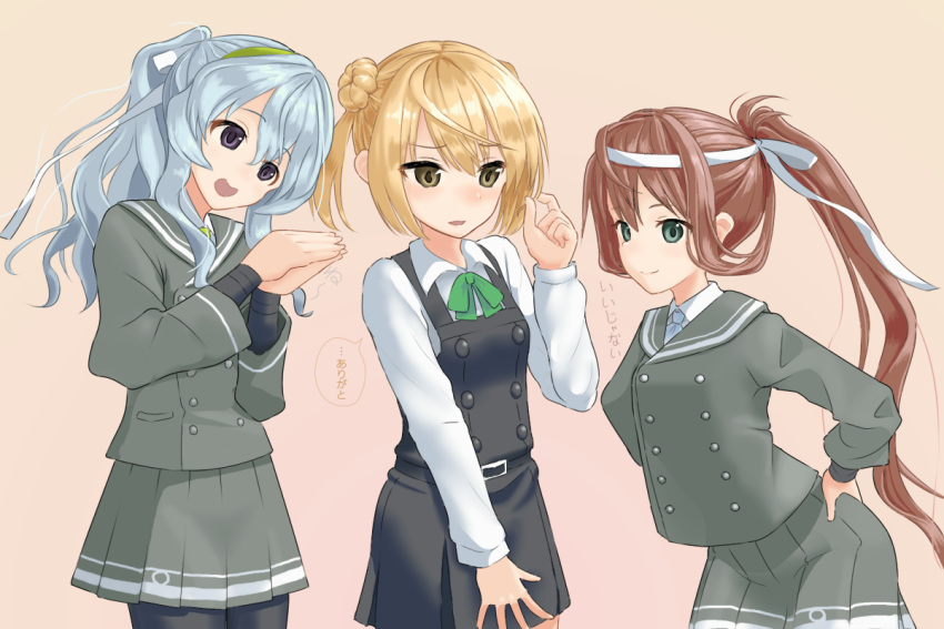 3girls alternate_costume alternate_hairstyle arm_warmers asagumo_(kantai_collection) bike_shorts black_eyes black_shorts blonde_hair brown_hair double-breasted double_bun dress dress_shirt green_eyes green_hairband grey_serafuku hair_bun hairband headband kantai_collection kuronaga long_hair michishio_(kantai_collection) multiple_girls open_mouth pinafore_dress pink_background pleated_skirt ponytail remodel_(kantai_collection) school_uniform serafuku shirt short_hair short_twintails shorts shorts_under_skirt sidelocks silver_hair simple_background skirt twintails two_side_up wavy_hair white_headband white_shirt yamagumo_(kantai_collection) yellow_eyes