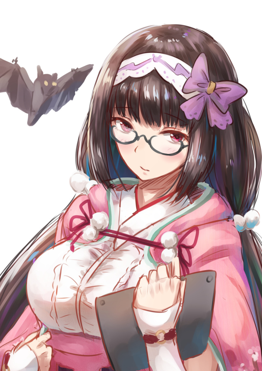 1girl bat black_hair fate/grand_order fate_(series) fingerless_gloves gloves gohei_(aoi_yuugure) hairband highres long_hair looking_at_viewer low_twintails origami osakabe-hime_(fate/grand_order) semi-rimless_eyewear sketch solo tablet_pc twintails violet_eyes white_background
