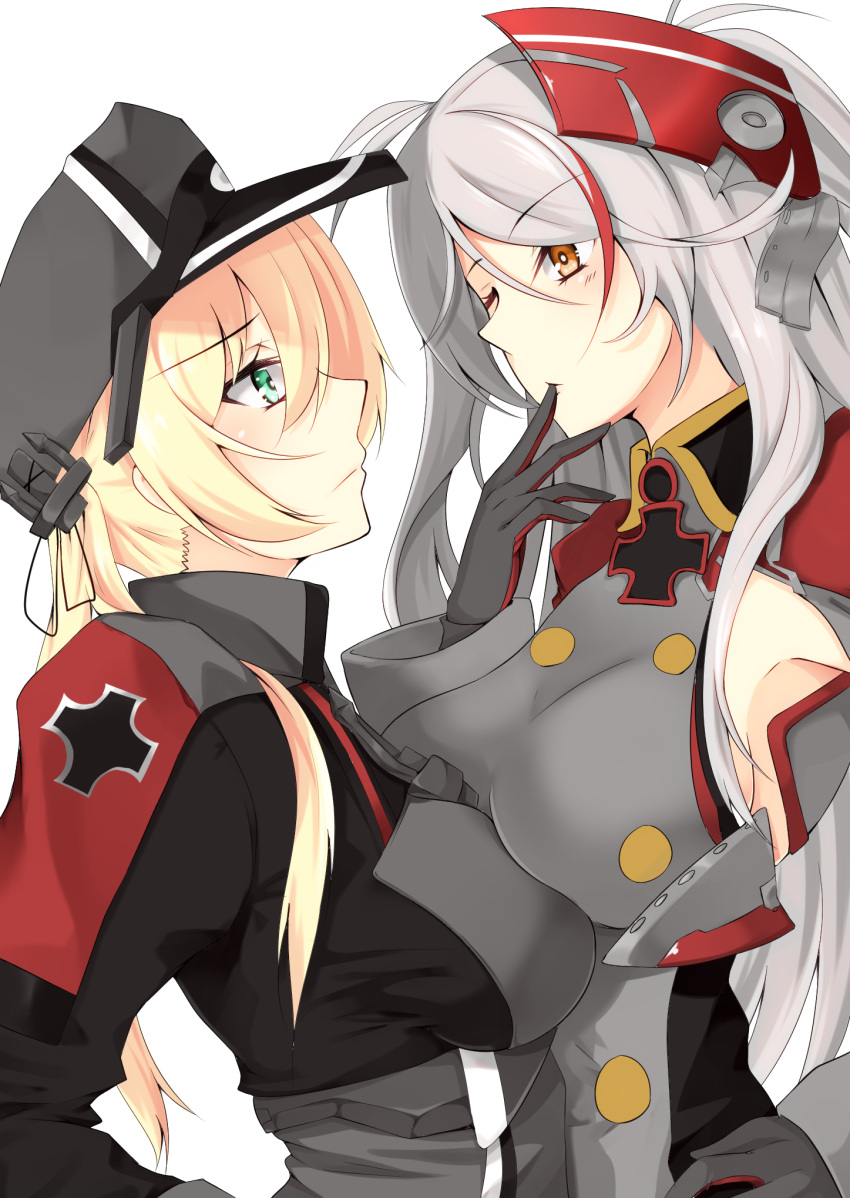 anchor_hair_ornament aqua_eyes asymmetrical_docking azur_lane blonde_hair breast_press breasts brown_eyes commentary_request crossover detached_sleeves finger_in_mouth hair_ornament hat height_difference highres kantai_collection kuromaguro large_breasts long_hair looking_at_another multicolored_hair one_eye_closed peaked_cap prinz_eugen_(azur_lane) prinz_eugen_(kantai_collection) silver_hair simple_background twintails two-tone_hair white_background