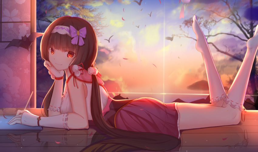 1girl arm_support bat bird black_hair blush breasts brown_hair fate/grand_order fate_(series) fingerless_gloves gloves gradient_hair hairband highres large_breasts legs_up long_hair looking_at_viewer low_twintails lying multicolored_hair on_stomach origami osakabe-hime_(fate/grand_order) porch reflection sliding_doors smile solo twintails very_long_hair violet_eyes white_legwear wind_chime xue_fengzi