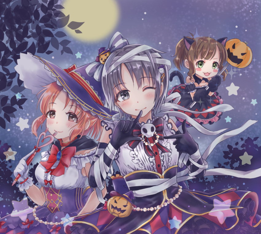 3girls abe_nana animal_ears black_eyes blush brown_eyes brown_hair cat_ears cat_tail elbow_gloves full_moon gloves green_eyes grey_hair halloween hat idolmaster idolmaster_cinderella_girls idolmaster_cinderella_girls_starlight_stage jack-o'-lantern looking_at_viewer maekawa_miku moon multiple_girls mummy one_eye_closed open_mouth otokura_yuuki ponytail rabbit_ears rirachoko short_hair smile star tail wand witch_hat