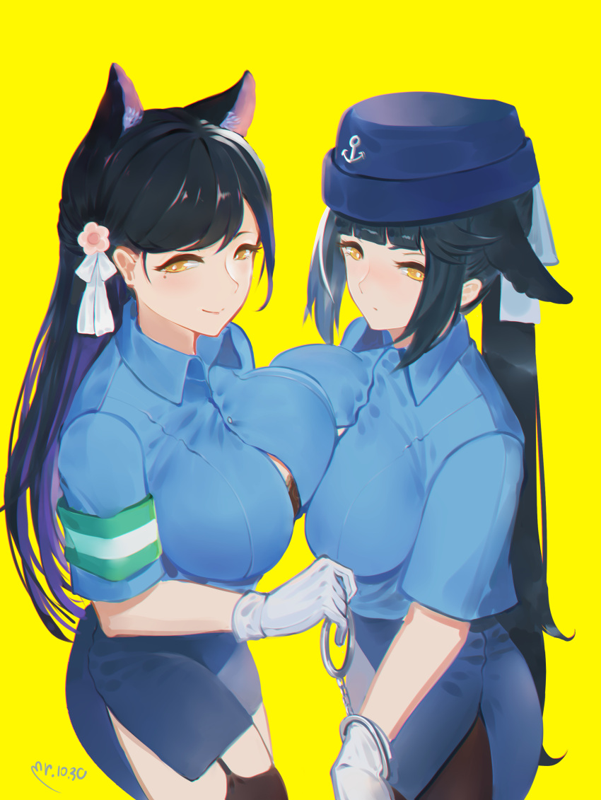 2girls absurdres anchor_symbol animal_ears armband asymmetrical_docking atago_(azur_lane) azur_lane bangs black_bra black_hair blue_hat blue_shirt blue_skirt blunt_bangs bra bra_peek breast_press breasts cuffs dated flower gloves hair_flower hair_ornament handcuffs hat highres large_breasts long_hair looking_at_viewer miniskirt mole mole_under_eye multiple_girls pantyhose pencil_skirt police police_uniform policewoman ponytail shirt short_sleeves side_slit simple_background skirt smile swept_bangs takao_(azur_lane) thigh-highs underwear uniform very_long_hair white_gloves yellow_background yellow_eyes yueguang_zhanglang