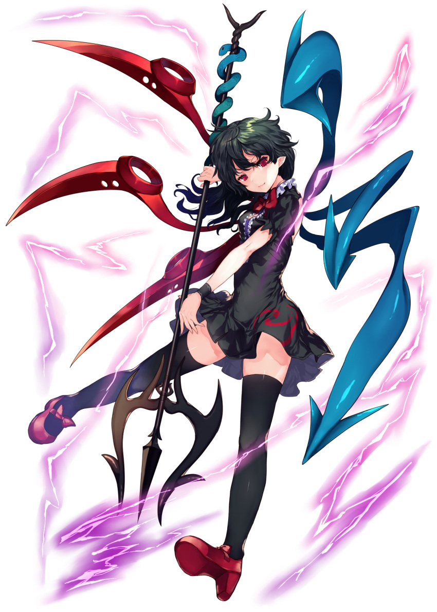 1girl abusoru asymmetrical_wings black_dress black_hair black_legwear bow bowtie breasts dress electricity full_body high_heels highres holding holding_weapon houjuu_nue looking_at_viewer medium_breasts pointy_ears polearm red_bow red_eyes red_footwear red_neckwear shoe_bow shoes short_dress short_sleeves snake solo thigh-highs touhou trident weapon wings wrist_cuffs
