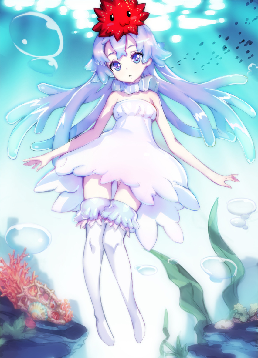 1girl bare_shoulders blue_eyes blue_hair character_request dress gluteal_fold highres long_hair neck_ruff outstretched_arms rodway strapless strapless_dress tentacle_hair thigh-highs thigh_gap underwater white_dress white_legwear zettai_ryouiki