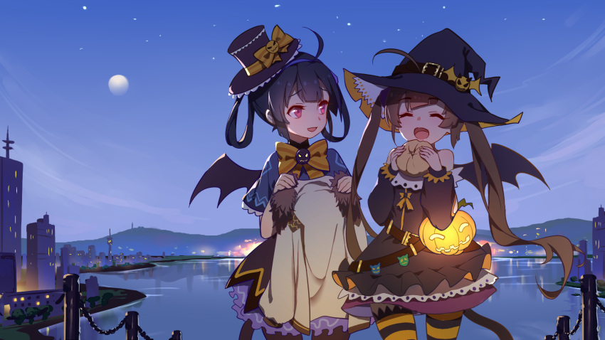 2girls :d ^_^ ^o^ ahoge animal_ears azur_lane baozi bat_wings black_hair brown_hair capelet cat_ears closed_eyes commentary_request eating food halloween halloween_costume highres jack-o'-lantern long_hair mosquito_coils multiple_girls ning_hai_(azur_lane) open_mouth ping_hai_(azur_lane) red_eyes smile striped striped_legwear twintails wings