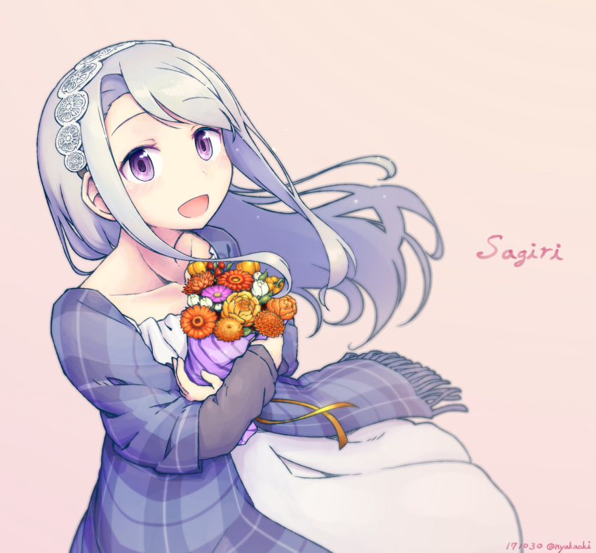 1girl :d asymmetrical_bangs bangs bouquet character_name collarbone dated dress flower grey_hair hairband highres holding holding_bouquet jacket kantai_collection long_hair looking_at_viewer mumyoudou open_mouth pink_background purple_jacket sagiri_(kantai_collection) smile solo swept_bangs twitter_username violet_eyes white_dress