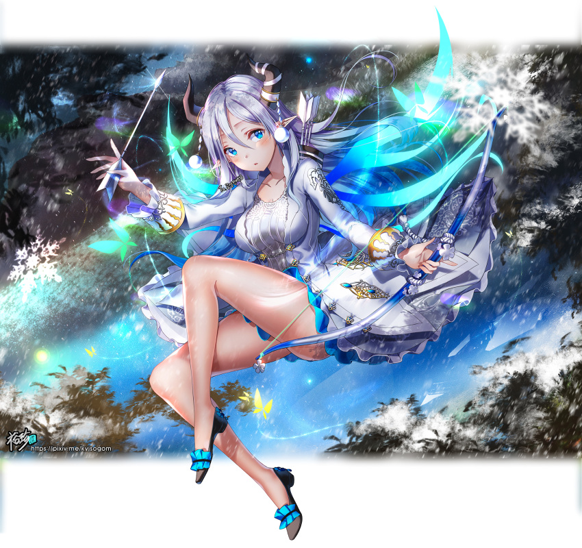 1girl arrow blue_eyes blush bow_(weapon) breasts cleavage collarbone commission elf eyebrows_visible_through_hair full_body highres holding holding_bow_(weapon) holding_weapon horns kyjsogom large_breasts looking_at_viewer original parted_lips pixiv_username pointy_ears silver_hair watermark weapon web_address