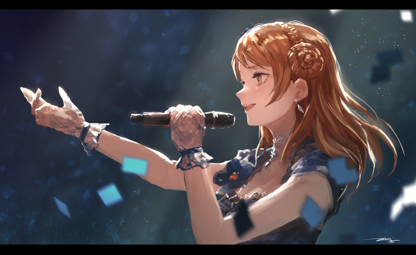 1girl :d blue_dress blush braid brown_eyes brown_hair confetti crown_braid dress earrings from_side gloves hair_bun highres holding holding_microphone houjou_karen idolmaster idolmaster_cinderella_girls idolmaster_cinderella_girls_starlight_stage jewelry kouzuki_kei letterboxed light_particles long_hair microphone music open_mouth outstretched_arm profile round_teeth side_bun signature singing sleeveless sleeveless_dress smile solo teeth upper_body white_gloves