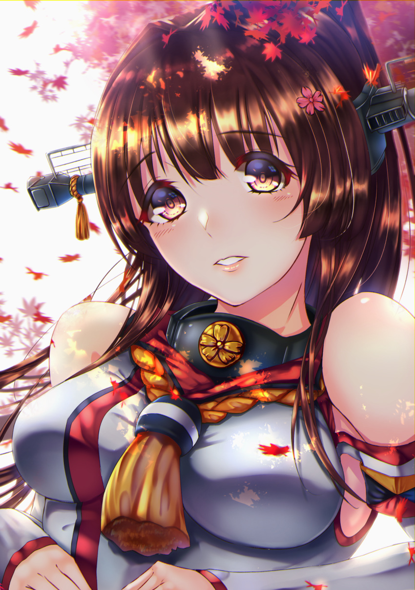 1girl autumn autumn_leaves bangs bare_shoulders between_breasts blush breasts brown_eyes brown_hair collar commentary_request day detached_sleeves eyebrows_visible_through_hair flower hair_flower hair_ornament headgear highres kantai_collection kazu_(otonoki86) large_breasts leaf long_hair looking_at_viewer maple_leaf parted_lips petals pink_lips ponytail rope sidelocks smile solo teeth tree upper_body yamato_(kantai_collection) z_flag