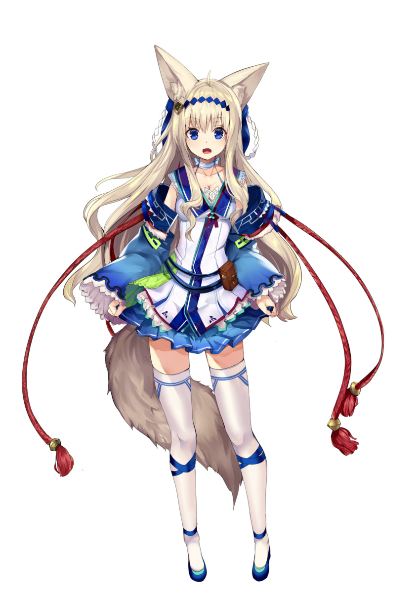 1girl :d ahoge animal_ears bangs belt_pouch blonde_hair blue_eyes blue_footwear blue_skirt breasts choker cleavage collarbone commentary_request detached_sleeves eyebrows_visible_through_hair fox_ears fox_tail frilled_sleeves frills full_body haik hair_ornament highres long_hair looking_at_viewer medium_breasts open_mouth original pleated_skirt shoes simple_background skirt skirt_hold smile solo standing tail thigh-highs white_background white_legwear zettai_ryouiki